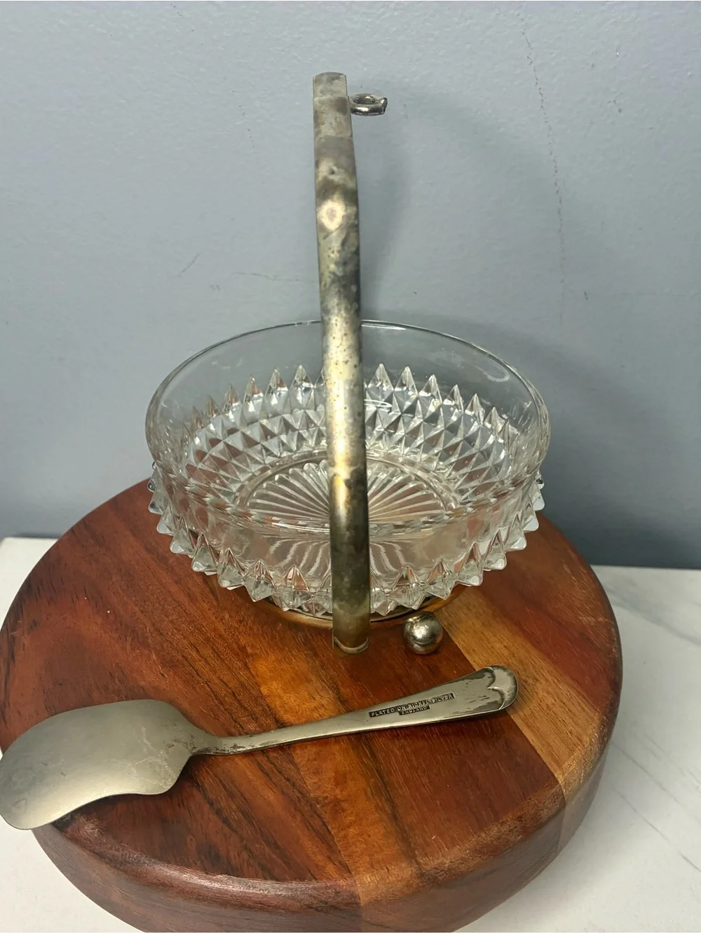 Vintage Pressed Glass Jam Bowl With Silver Plate Holder & Spoon